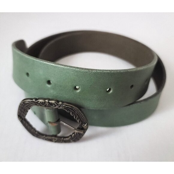 Free People Green Leather Belt w Ornate Oval Buckle M/L 1.5" W Artisan Boho NWOT - Picture 5 of 7